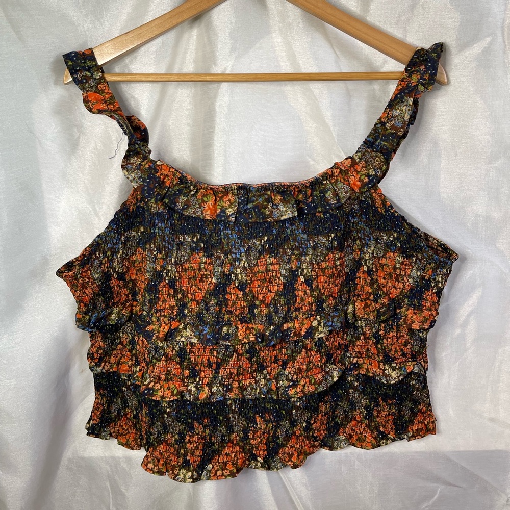 Plus Size Floral Fall Boho Multi-colored Tiered Cinched Stretchy Crop Tank Top